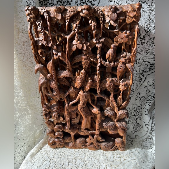 Hand Crafted Other - Vintage Balinese Carved Wood Sculptural Wall Panel Rama Sita